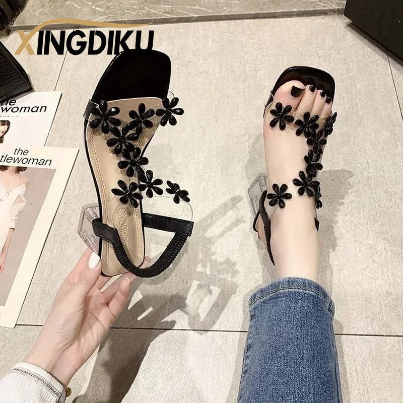 Women Sandals Women High Heels High-heeled Sandals Summer Small Flower Decoration Buckle Transparent Square Heel