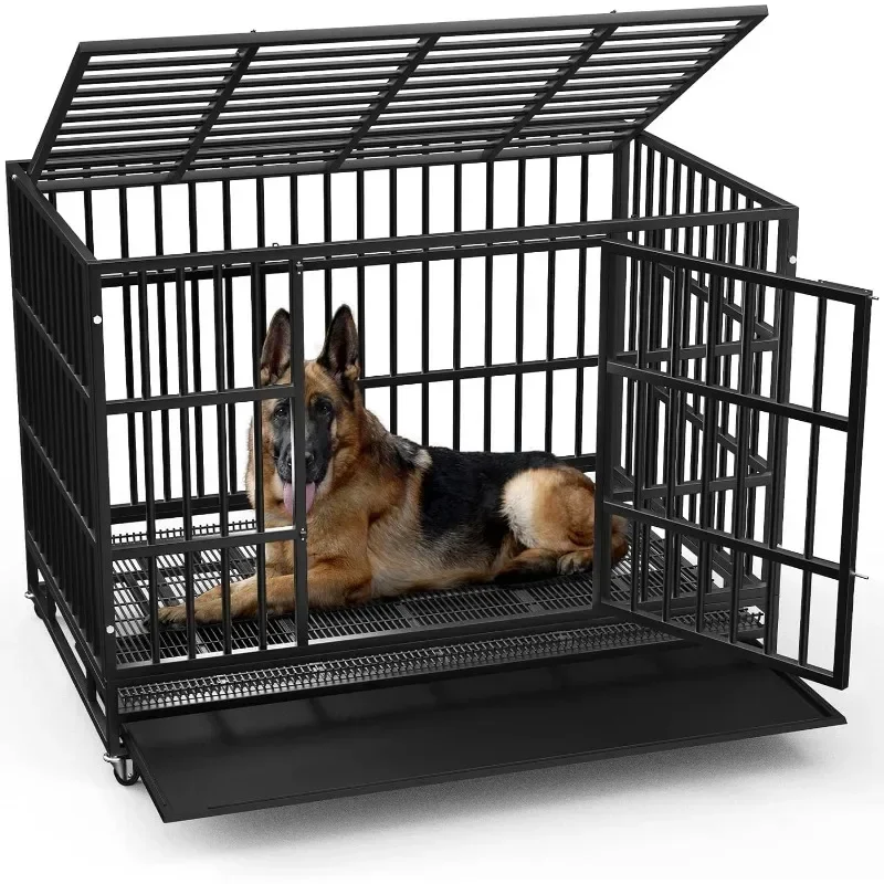 

38 Inch Heavy Duty Indestructible Dog Crate Double Doors Escape Proof Cage Kennel,Enhanced Metal Pet Cage