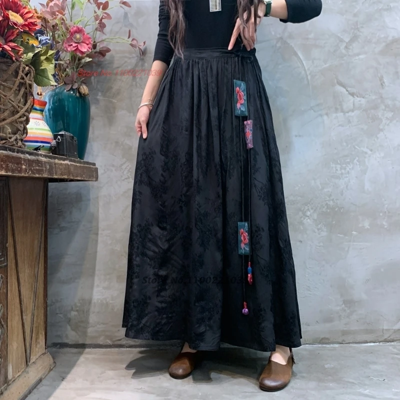national flower embroidery satin jacquard double layers skirt vintage folk skirt traditional elastic waist a-line