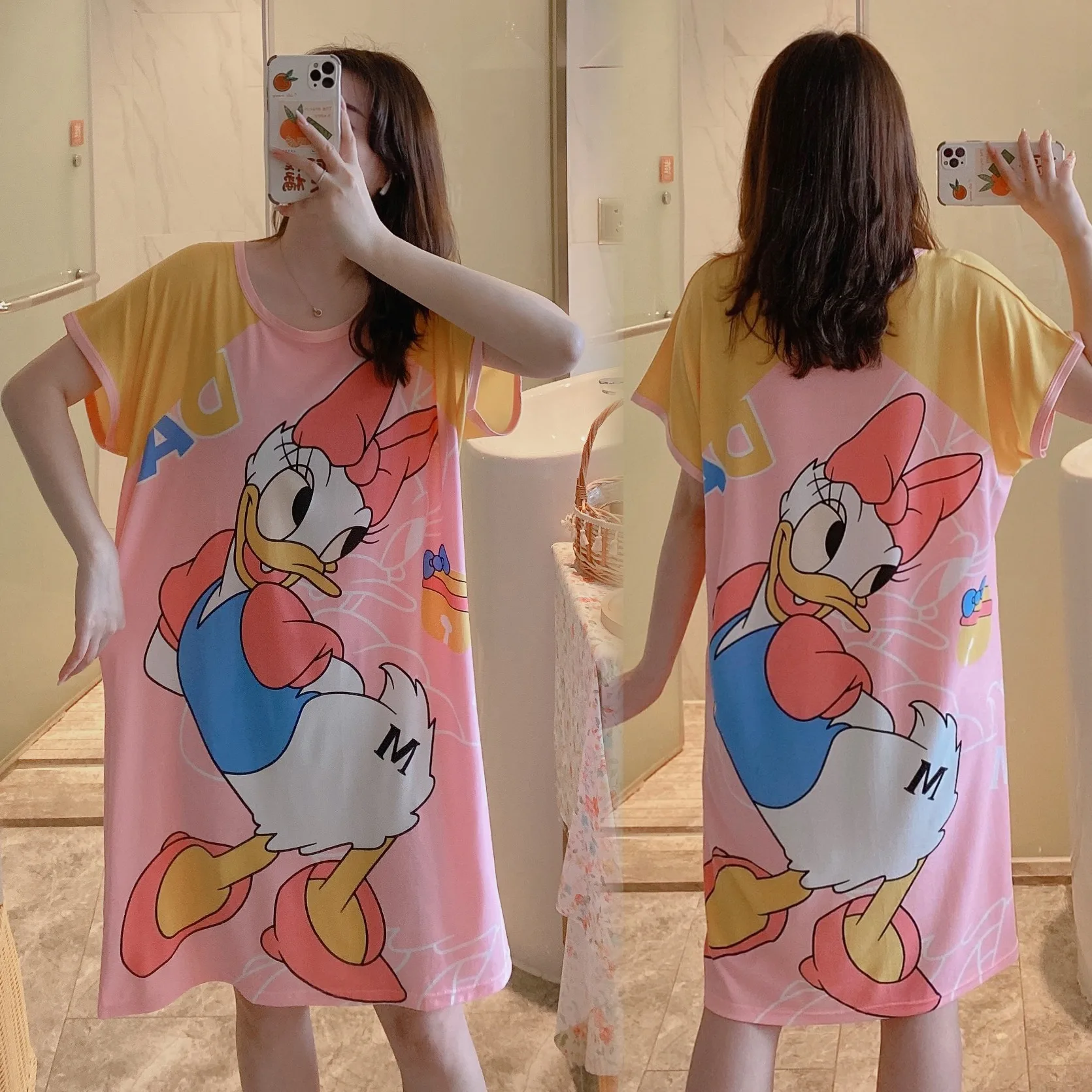 1PCS Nightdress Minnie Pajamas Medium Long Disney Women's Summer Thin Loose Cartoon Nightdress Short-Sleeved Dress Home Service