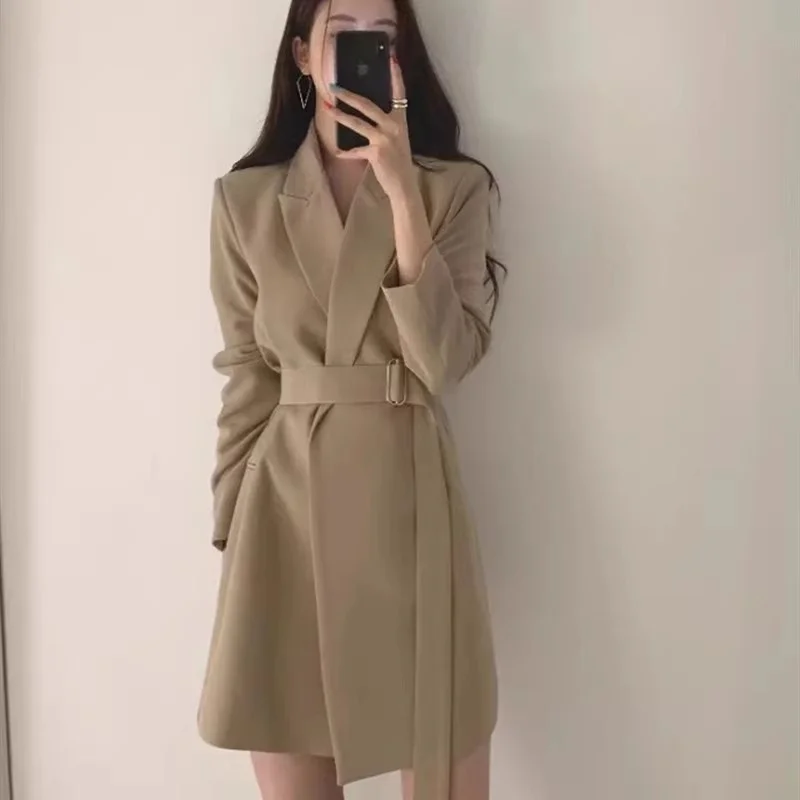 White Windbreaker With Belt Suit Jacket 2025 New Autumn Size XXL Women's Clothing Fat Sister Thin Long Blazer Khaki Blaer W10
