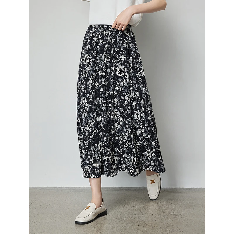 TOYOUTH Women Skirt Summer High Elastic Waist A-shaped Oil Floral Print Fashion Elegant Daily Holiday Mid-length Skirt