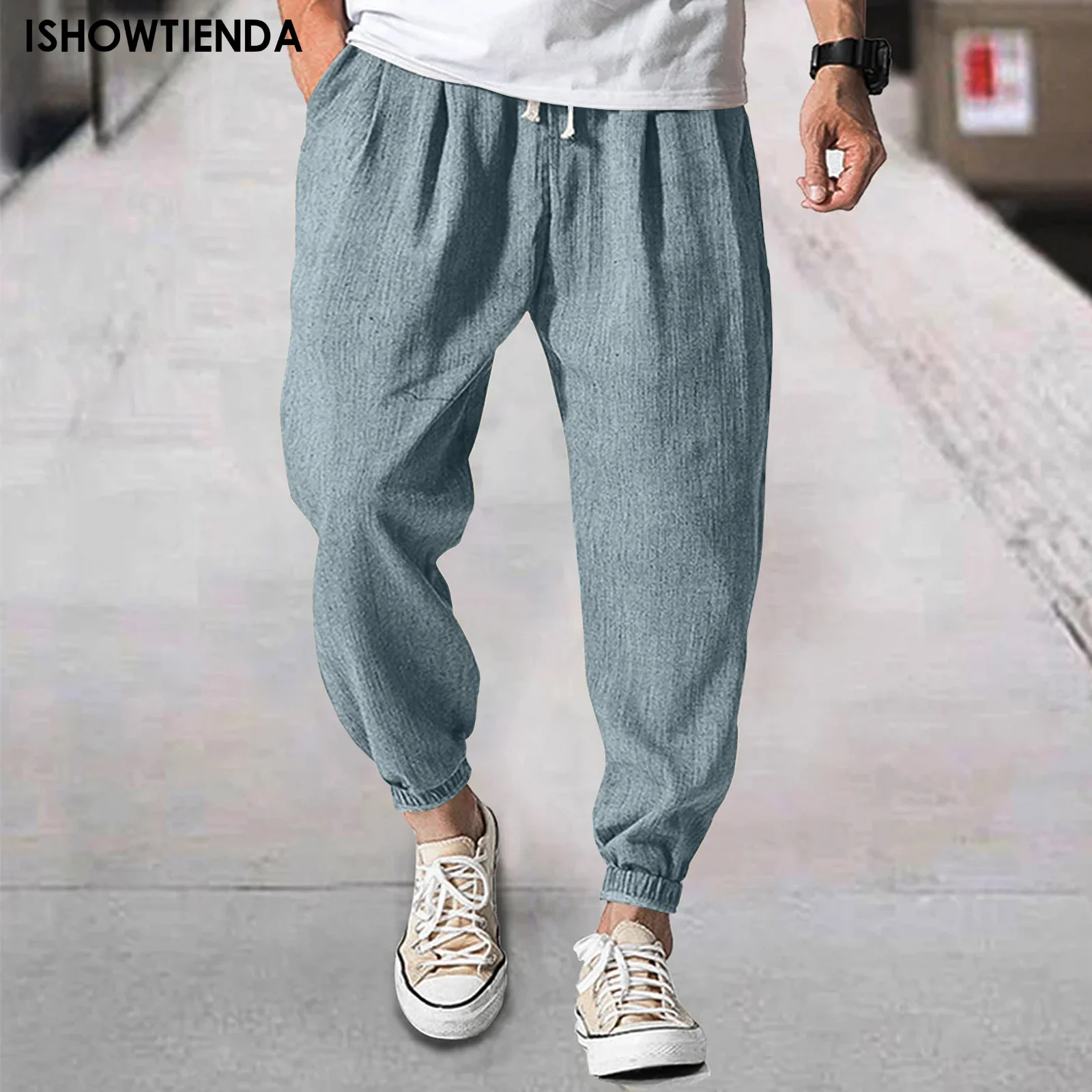 51460-24730b.jpg Men Buttons Pants Summer Pockets Loose Baggy Drawstring Trousers Male Casual High Waist Comfortable Elastic Ankle-Length Pants - Image 1