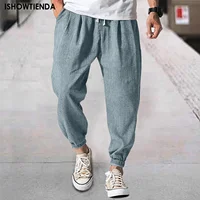 Men Buttons Pants Summer Pockets Loose Baggy Drawstring Trousers Male Casual High Waist Comfortable Elastic Ankle-Length Pants