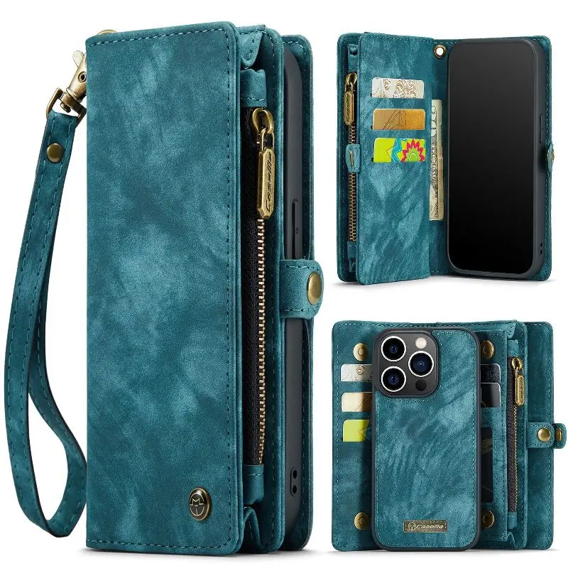 

Removable Flip Wallet Card Phone Case For iPhone 15 14 Plus 13 12 11 Pro X XS Max XR 6 7 8 SE 2 in 1 Solid Color Phone Cover