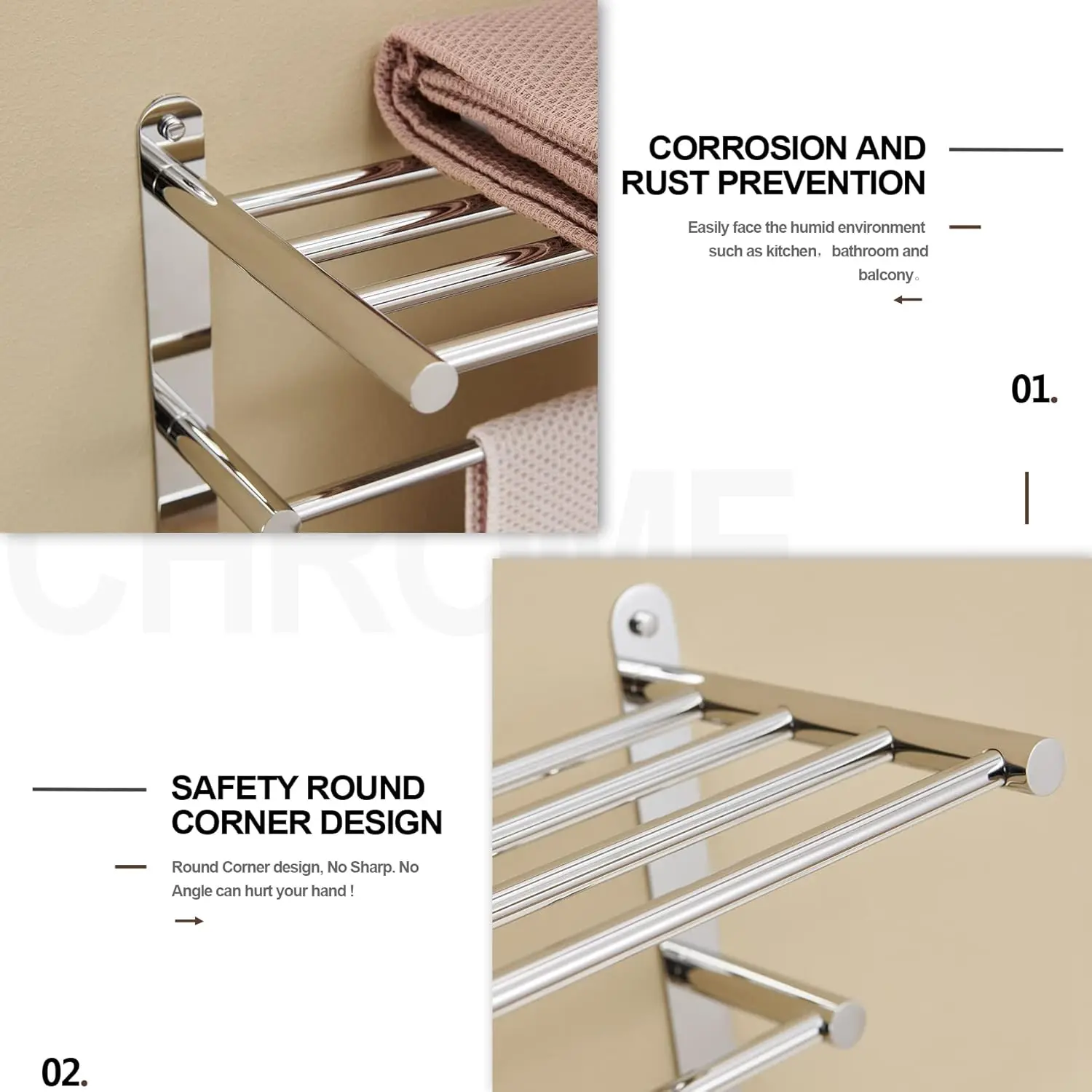 Storage Organizer Shelf Wall Mounted Double Towel bar with Shelf Bathroom Towel Rack Double Rack, Polished Chrome, B5003CH