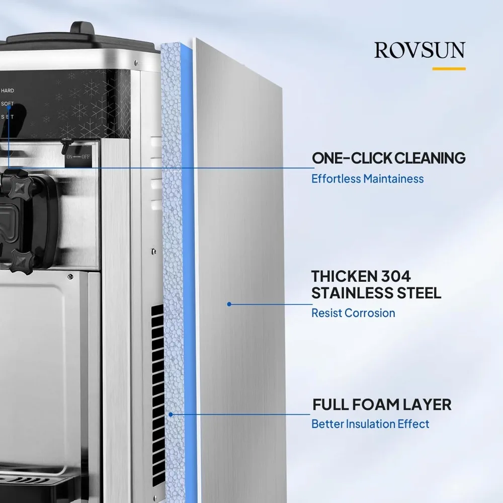 Commercial ice cream machine with 5.3 to 7.4 gallons per hour, equipped with 2 X 1.6 gallon hoppers for 3 flavors, 2200W 2