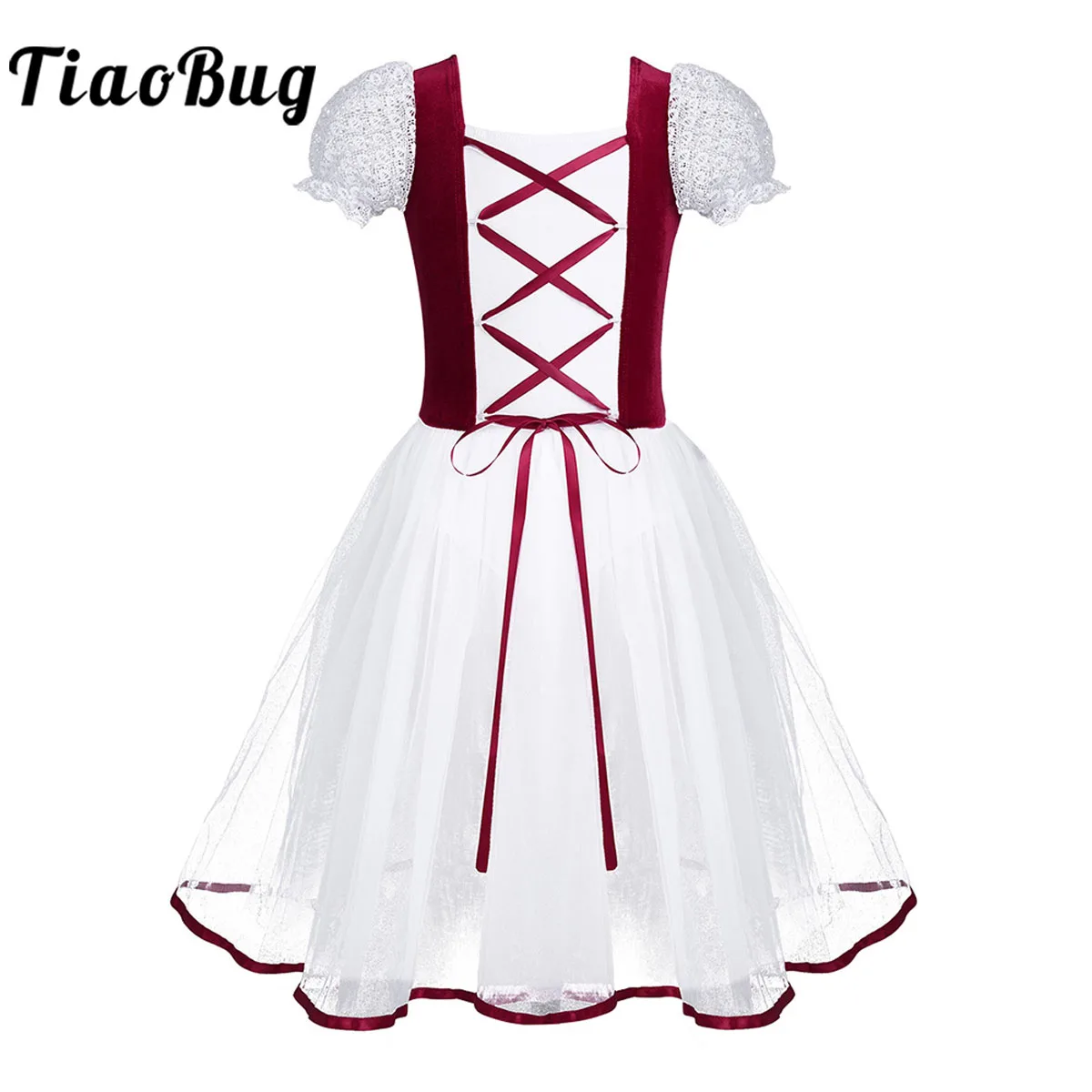 

Kids Velvet Dancewear Ballerina Mesh Lacework Professional Ballet Tutu Dress Bubble Sleeve Gymnastics Leotard Performance Dress