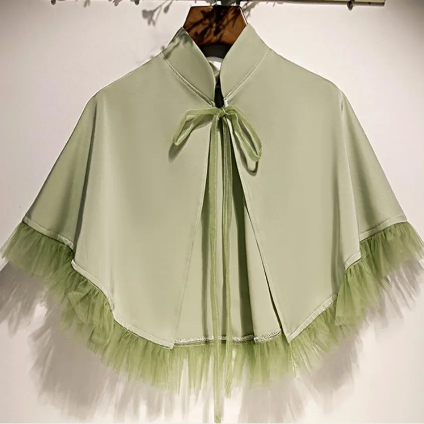 

Apring Summer Retro Lace up Shawl Women Mesh Stitching Loose Cloak Cape Outwear