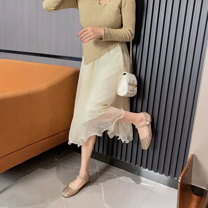 2025 Summer New Full Diamond Retro French Square Headed Mary Jane Women's Shoes Shallow Mouth Pearl Flat Bottom Grandma's Shoes 5
