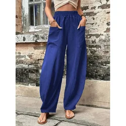 Spring Summer Solid Color Fashion Elastic Waist Wide Leg Trousers Women High Street High Waist Pockets Vintage All-match Pants