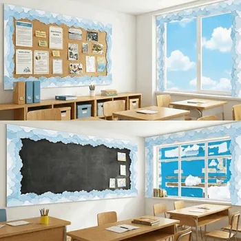 Bordo Adesivo in Carta Patinata Nera, 4 Colori Solidi, 10 m, Motivo Nuvole, Rimovibile, per Decorazione Aula e Feste