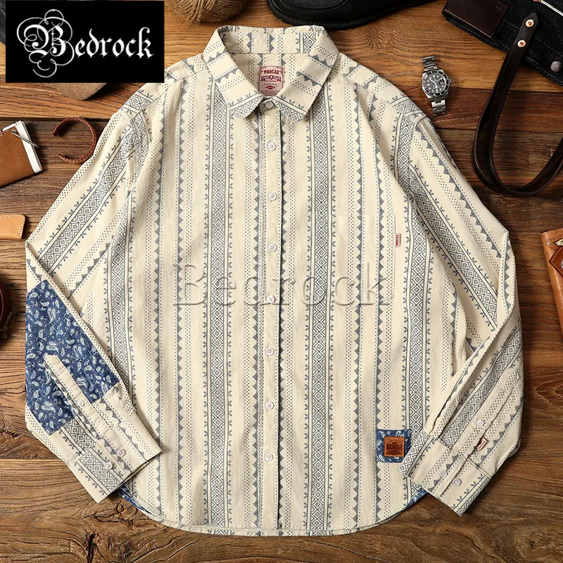 MBBCAR Mens Striped Shirt Men Long Sleeve Printed Patch Design Apricot Corduroy Casual Shirt Navajo Vintage Paisley Shirts 9361 floral shower curtain patchwork boho design various flowers print paisley pattern curtains for farmhouse cottage vintage style