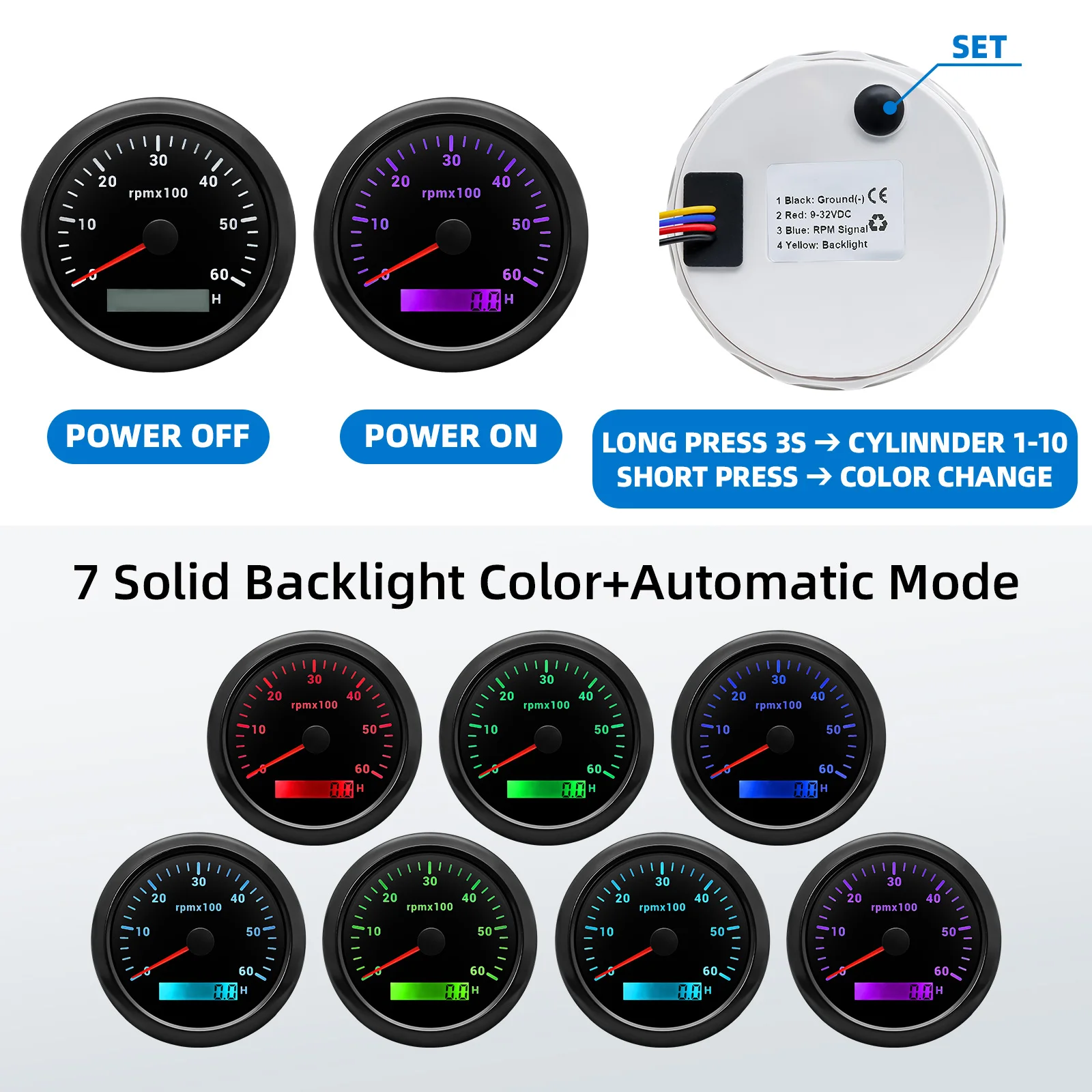 AD 85MM Tachometer with LCD Hour Meter For Marine Boat Car RPM Gauge 0-3000 4000 8000 RPM Meter Tach Sensor 7Colors Backlight engine tachometer,tachometer gauge,tachometer meter