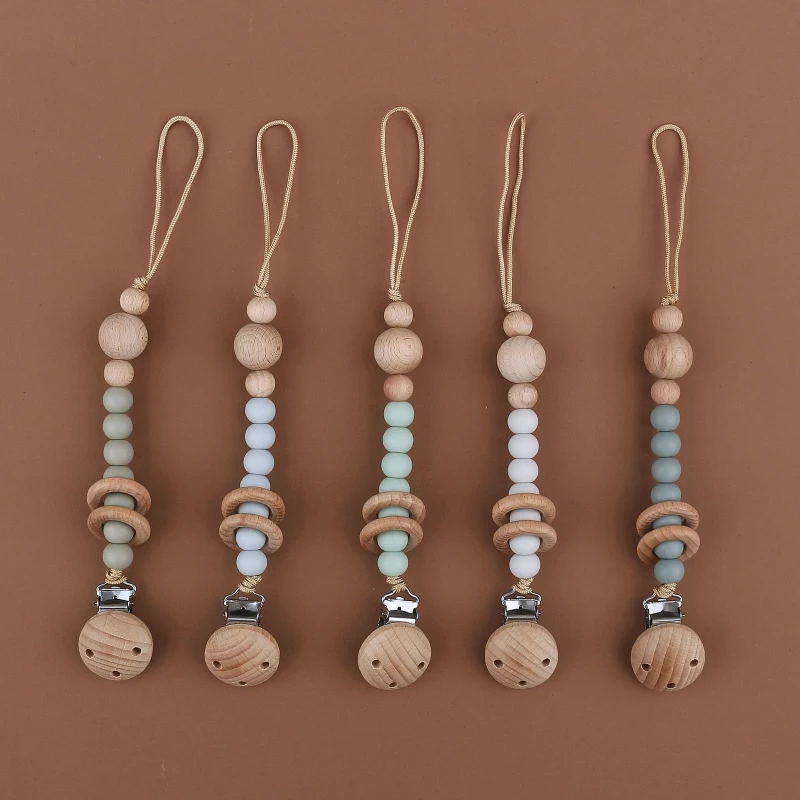 

Food Grade Baby Silicone Pacifier Clips Chain Beech Wooden Ring Newborn Dummy Nipple Holder Clip Anti-Lost Soother Holder Chain