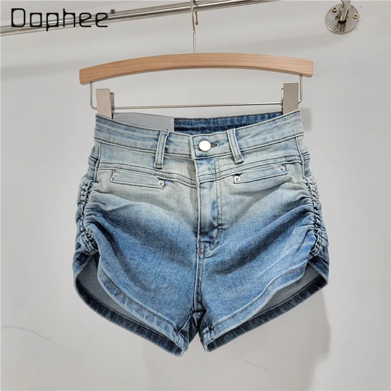 Retro Hot Girl Gradient Denim Shorts Women 2024 Spring and Summer New American Woman High Waist Slim Pleated Slim-Fit Hot Pants