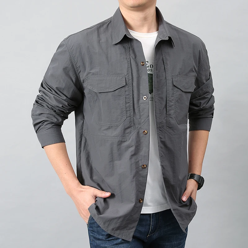 남성용 한국 트렌디 패션 캐주얼 용수철, 야외 빠른 건조 긴팔 셔츠 코트, 솔리드 라펠 포켓, 통기성 루즈 재킷 