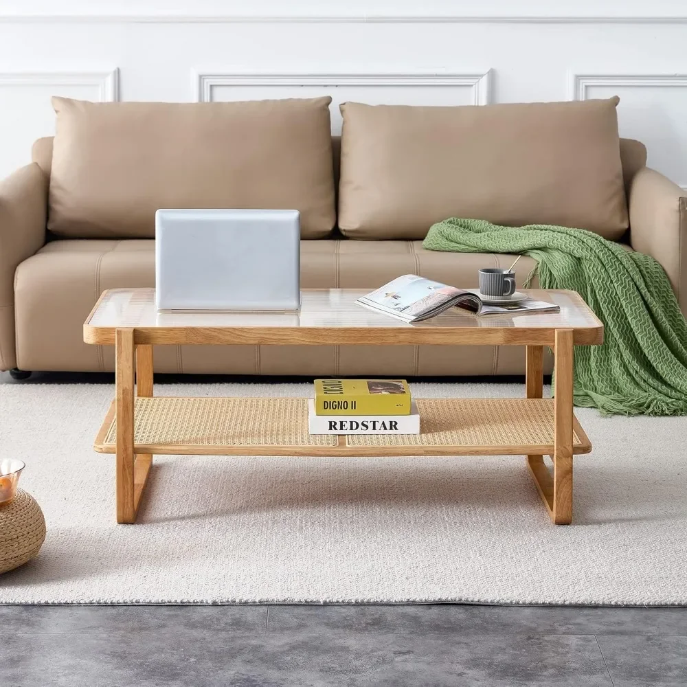 Rattan Coffee Table with Tempered Glass Top,Wood Coffee Table for Living Room,Glass Top Coffee Table with Imitation Rattan 3