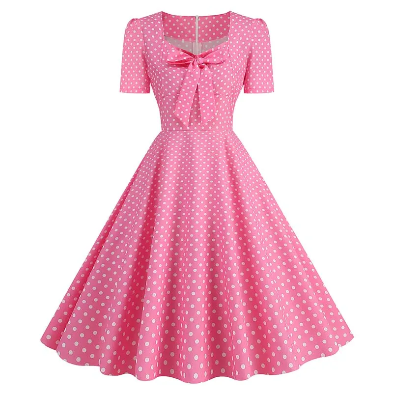 Women Elegant Vintage Plaid Polka Dot Dresses Square Collar Short Sleeve Casual Summer Party Dress 2
