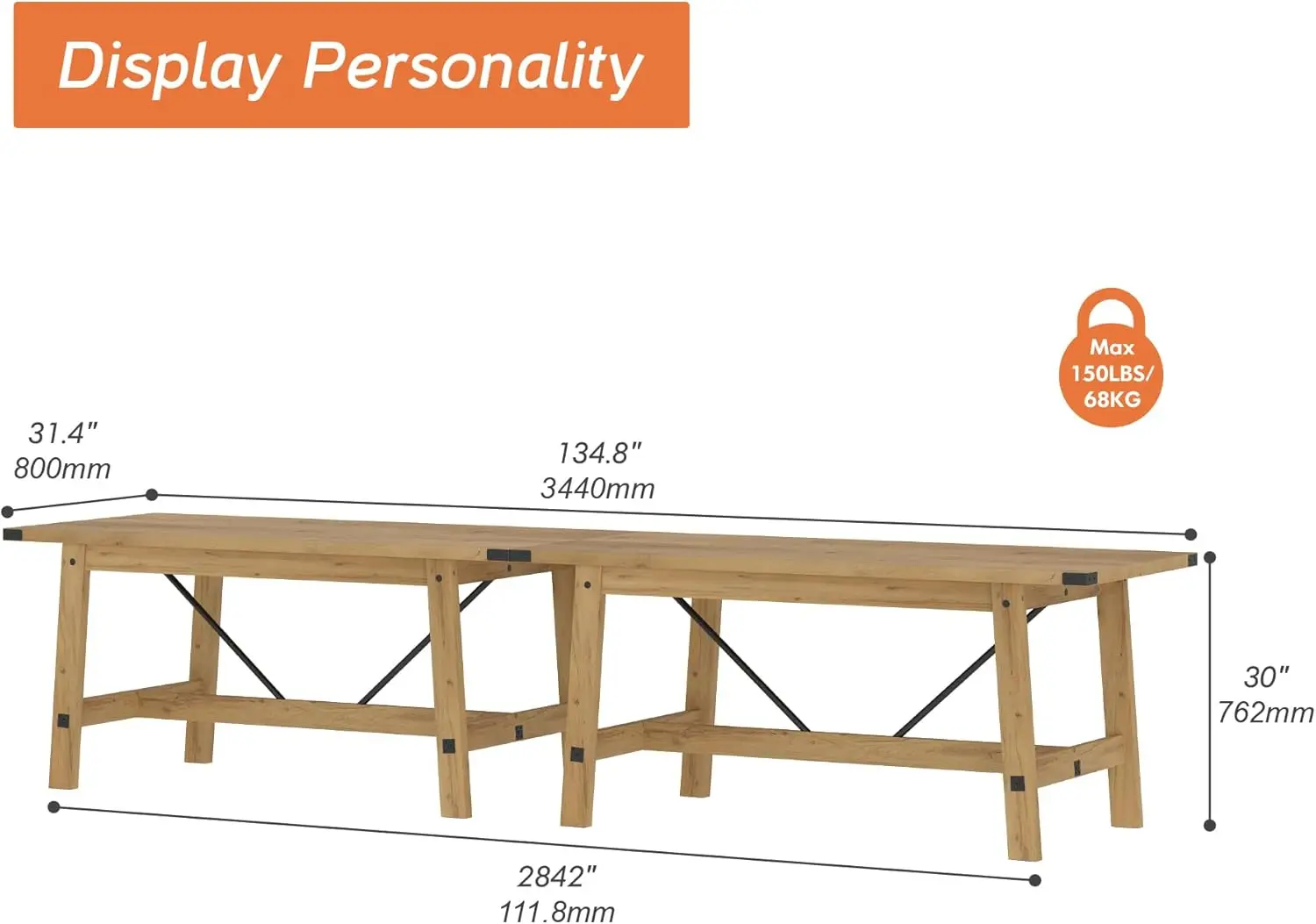 Set of 2 Rectangular Wooden Farmhouse Dining Tables, 135.4 Inch Oak Brown, 8-12 Persons