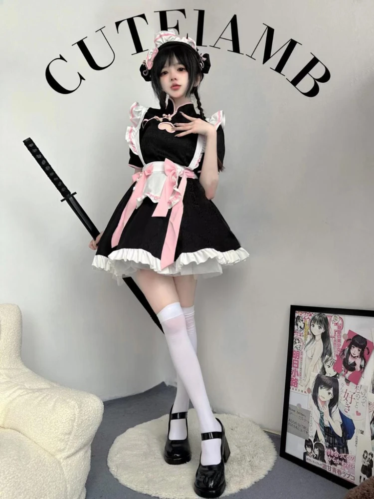 Cafe Lolita Dress Maid Costumes Cosplay Naughty Animation Show Sexy Waitress Outfit Exposed Chest Bow Ties Skirt Ball Gowns Plus