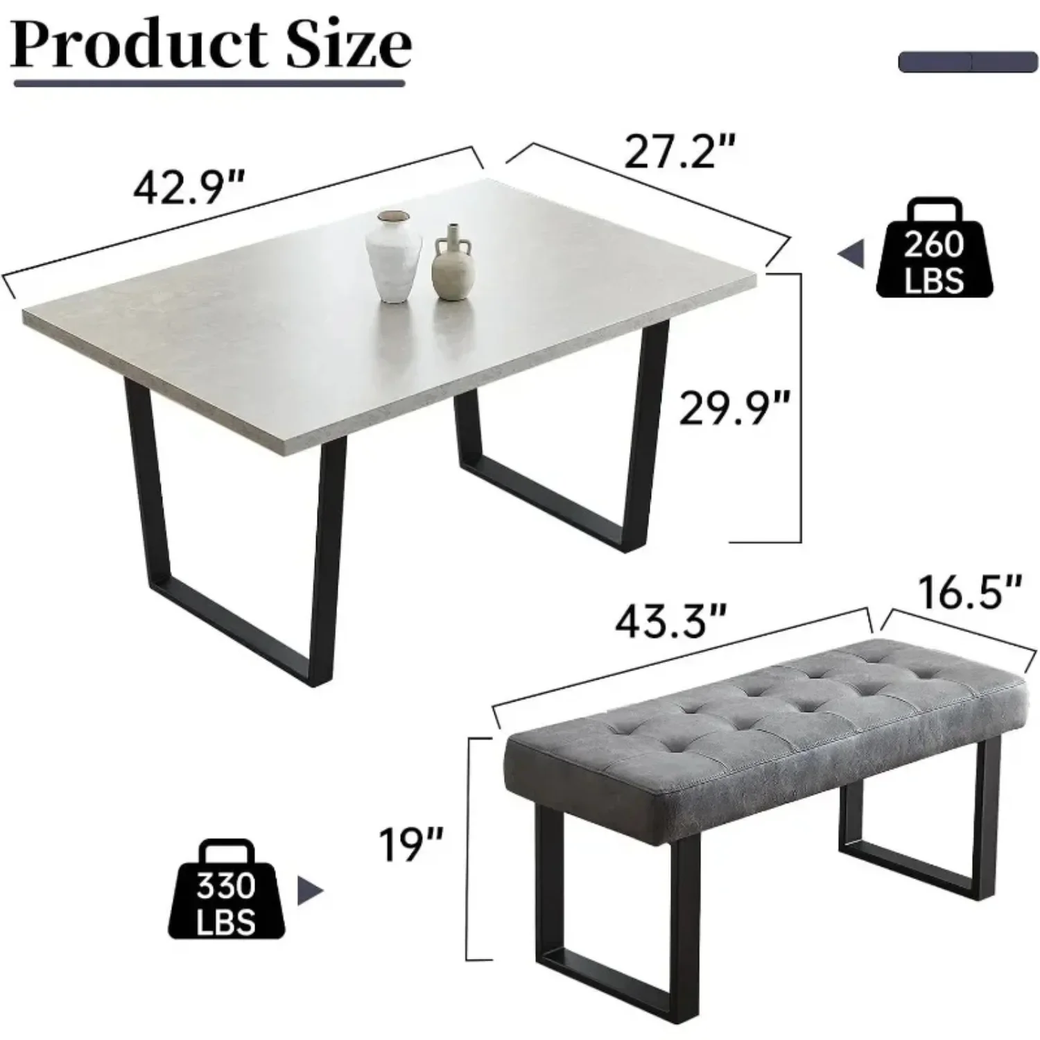 3 Piece Dining Table Set with Gray Bench, 42.9 Inch Modern Kitchen Table with Right Seat Corner Bench and 43.3 Inch Bench