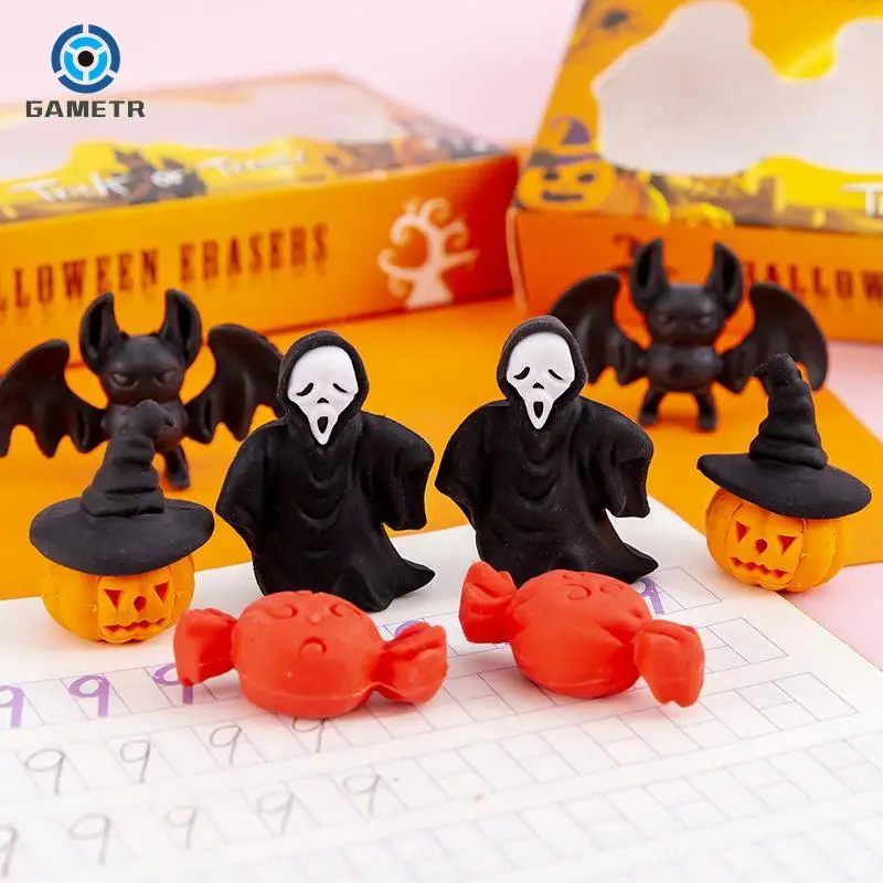 

4pcs/box Mini Cartoon Erasers Soft Durable Pencil Halloween Erasers Kids Students School Funny Stationery Correction Supplies