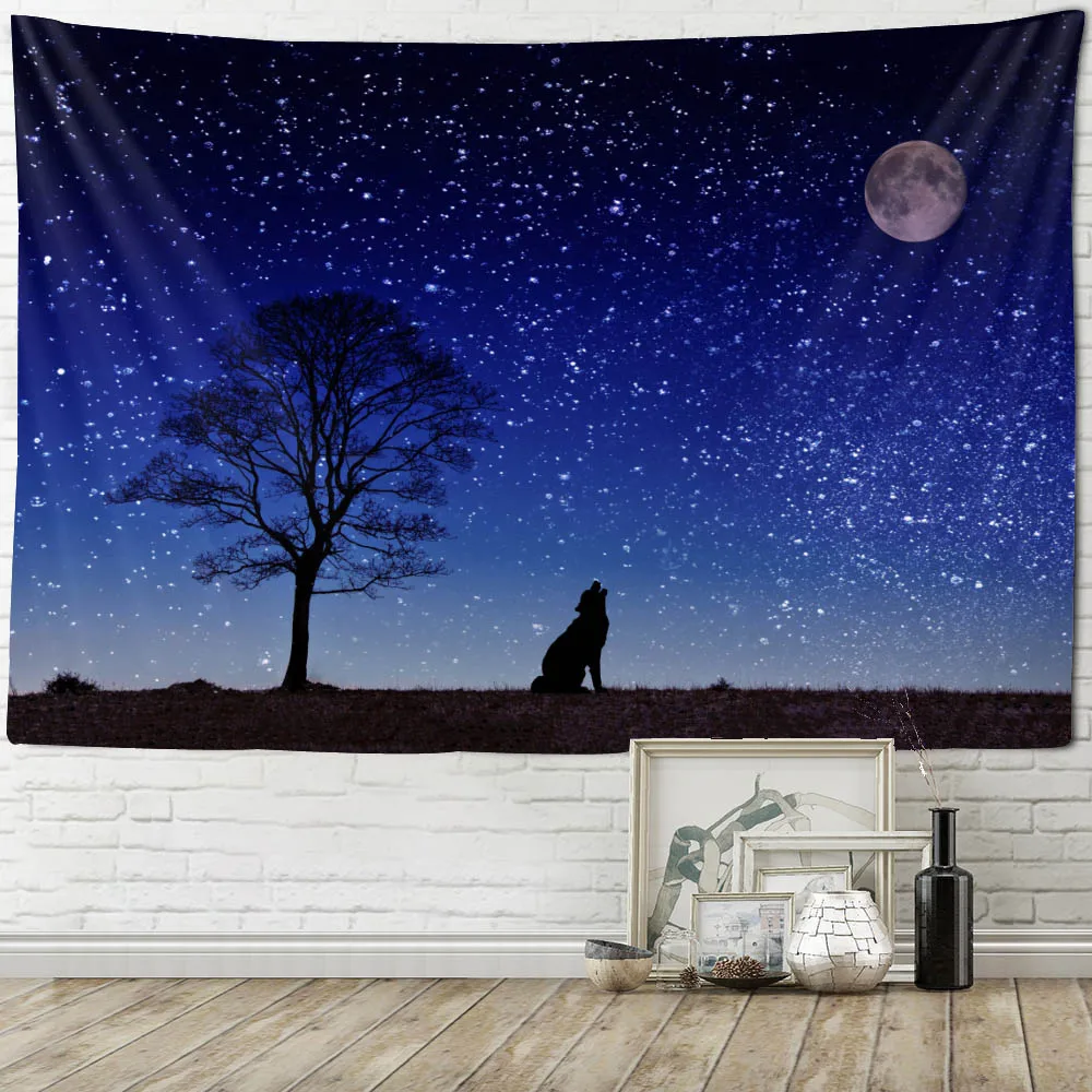 

Wolf moon tapestry starry sky landscape wall hanging thin blanket Bohemian psychedelic room wall decoration cloth hippie Kawai