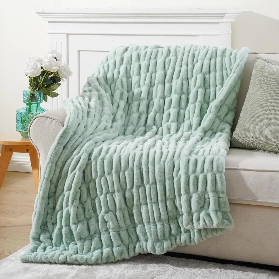 Sage Green Faux Fur Throw Blanket for Bed Super Soft Cozy Mink Fur Blanket Double Side Ruched Rabbit Fur Blanket for Couch Bed
