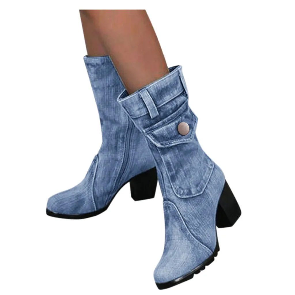 

Женские джинсовые ботинки, синие однотонные ботинки в римском стиле со средней посадкой, без шнуровки, на среднем каблуке, винтажная Дамская обувь большого размера