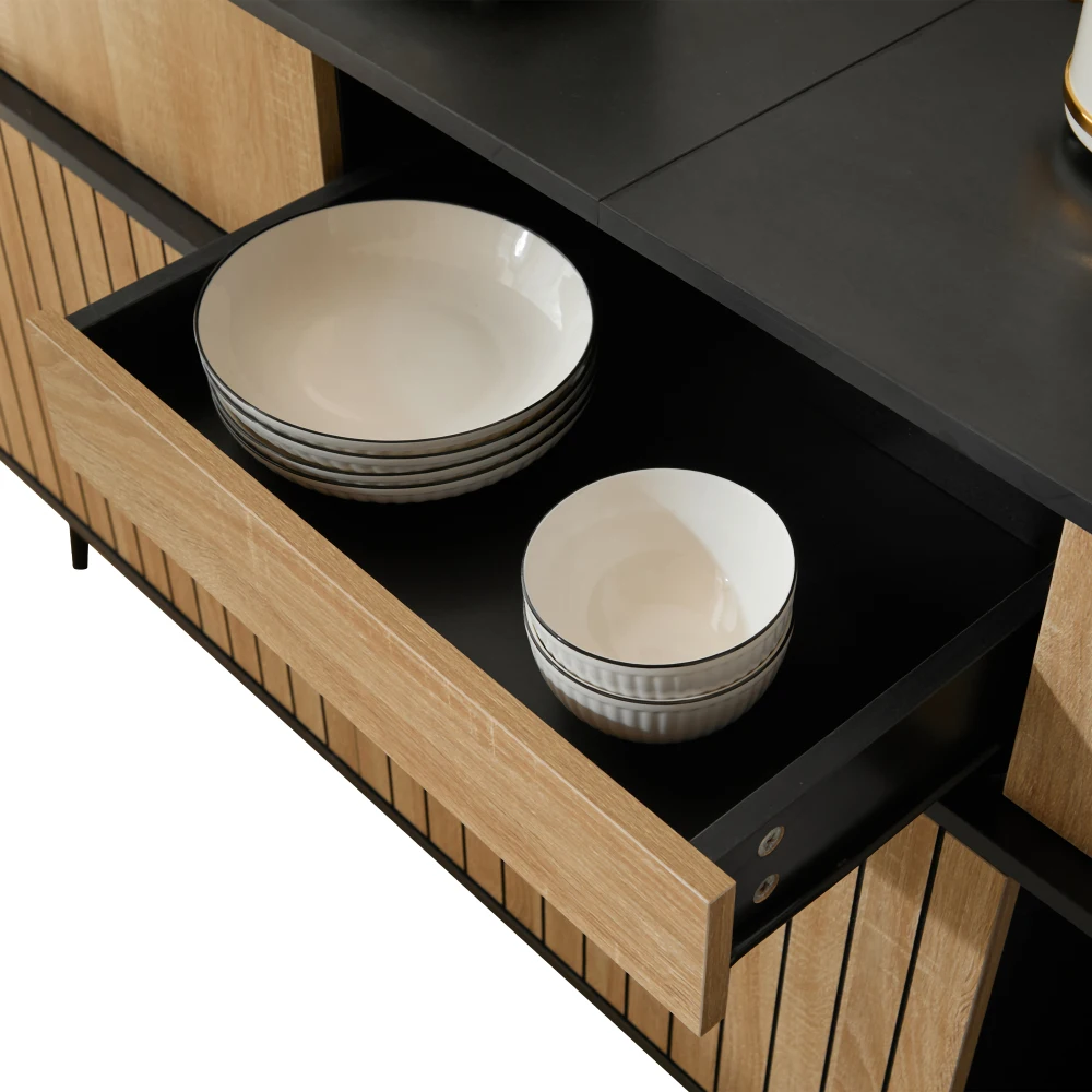 PINGGO Kommode mit 4 Schiebetüren und 1 Schublade, Eiche kombiniert mit Schwarz, multifunktionale Aufbewahrung für Schlafzimmer, Wohnzimmer, Flur – Detail 17