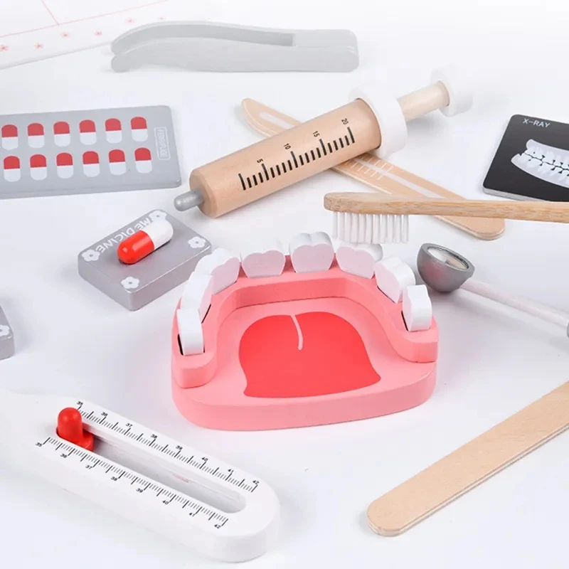 Wooden Pretend Play Doctor Educational Toys for Children Simulation Dentist Check Brush Teeth Medicine Set Role Playing Games 4