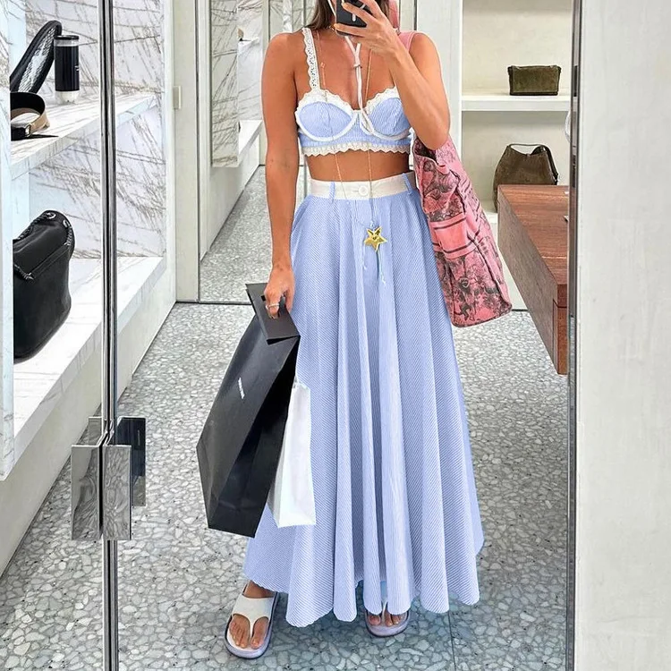 Lace Patchwork 2 Piece-Set Long Skirt For Women Contrast Slim Backless Cropped Tank Top And High Waist Maxi Skirt Outfits