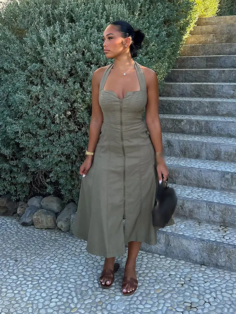 

Summer Women Deep V-neck Zipper Dresses Sexy High Waisted Sleeveless Backless Halter Vestidos 2024 New Ladies High Streetwear