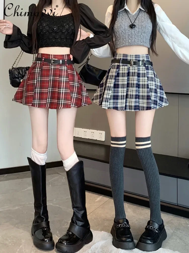 Retro Plaid Women's Short Pleated Skirt 2023 Autumn and Winter Korean Style Sexy Hot Girl High Waist Slimming A- Line Skirts