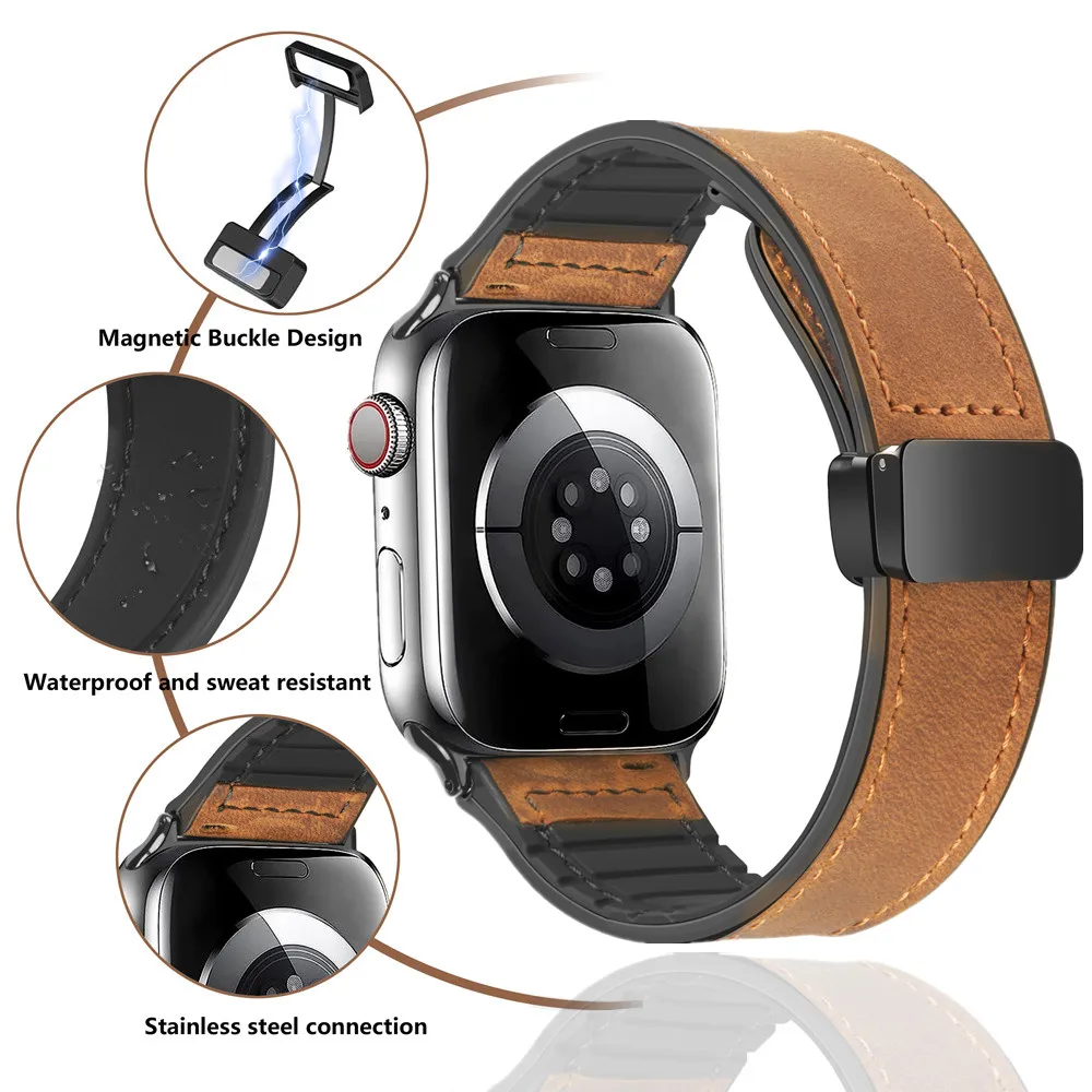 Magnetic Leather & Silicone Apple Watch Bracelet Band