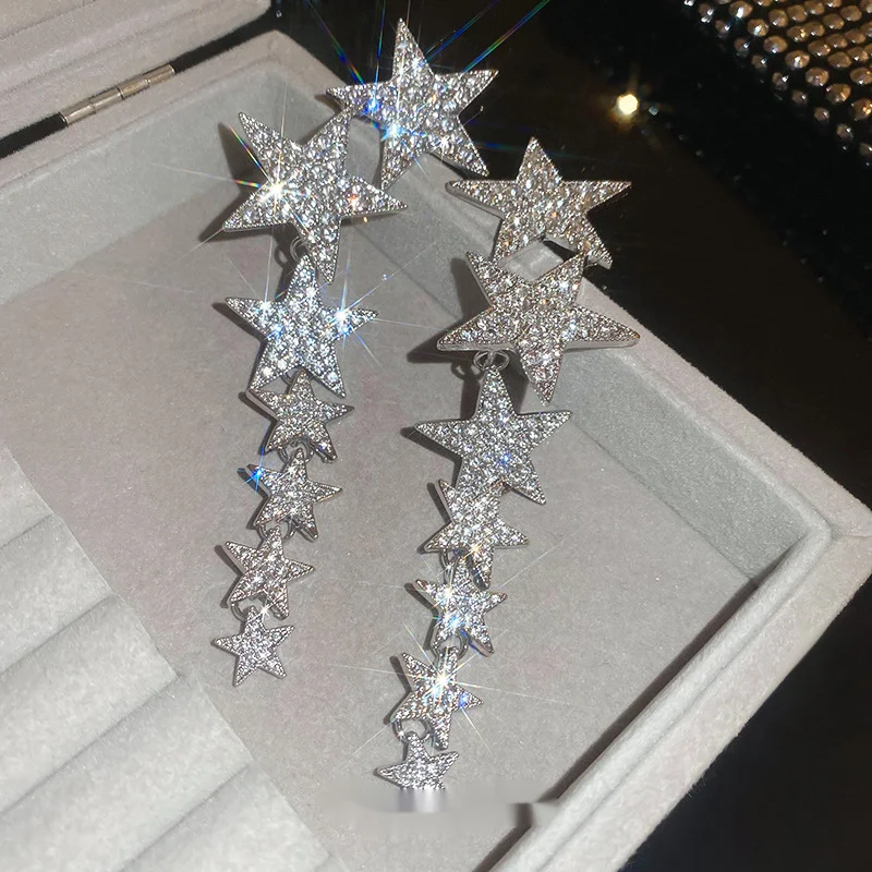 Orecchini a forma di stella super scintillanti con nappa in stile dolce e fresco in argento, leggeri, di lusso, alla moda e di alta qualità_voghion.com