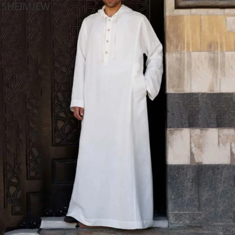 

2024 Arabic Style Simple Long Men's Hooded Long Robe Muslim Clothing Turkish Abaya Islamic Fashion Solid Color Ramadan Robe