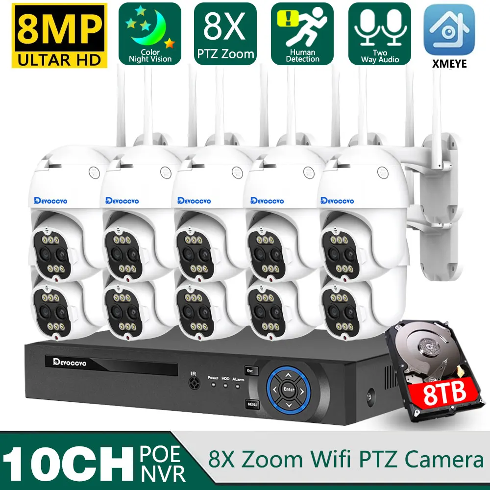 

H.265 10CH 8MP WiFi PTZ Security Camera System 8X Zoom Color Night Vision Dual Lens Wifi PTZ IP Camera With 8CH 4K POE NVR Set