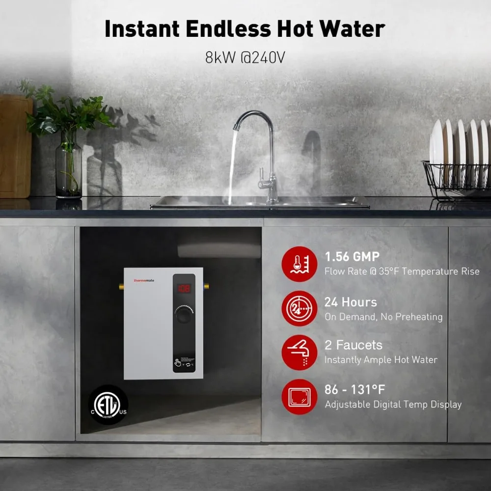 Tankless Water Heater Electric, 8kW at 240 Volt, On Demand Instant Hot Water Heater for Point of Use, Self-Modulating Save