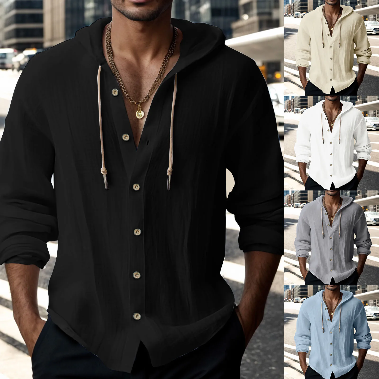 

Men Shirts Hooded Solid Color Autumn Long Sleeve Tops Casual Buttons Cotton Linen Vintage Autumn Hawaiian Shirt Camisa Masculina