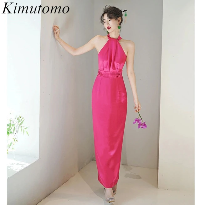 

Kimutomo Halter Off-shoulder Elegant Dress Women for Wedding Party Sleeveless High Waist Solid Dresses Sweet Engagement Vestidos