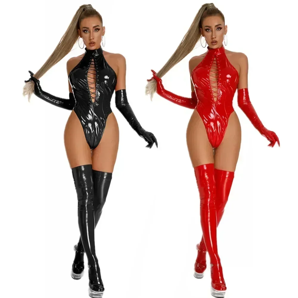 

Sexy Open Crotch Glossy Leather Bodysuit For Women Erotic Hot Porn Shaping Catsuit Shiny Latex Sheath Leotard With Socks Gloves