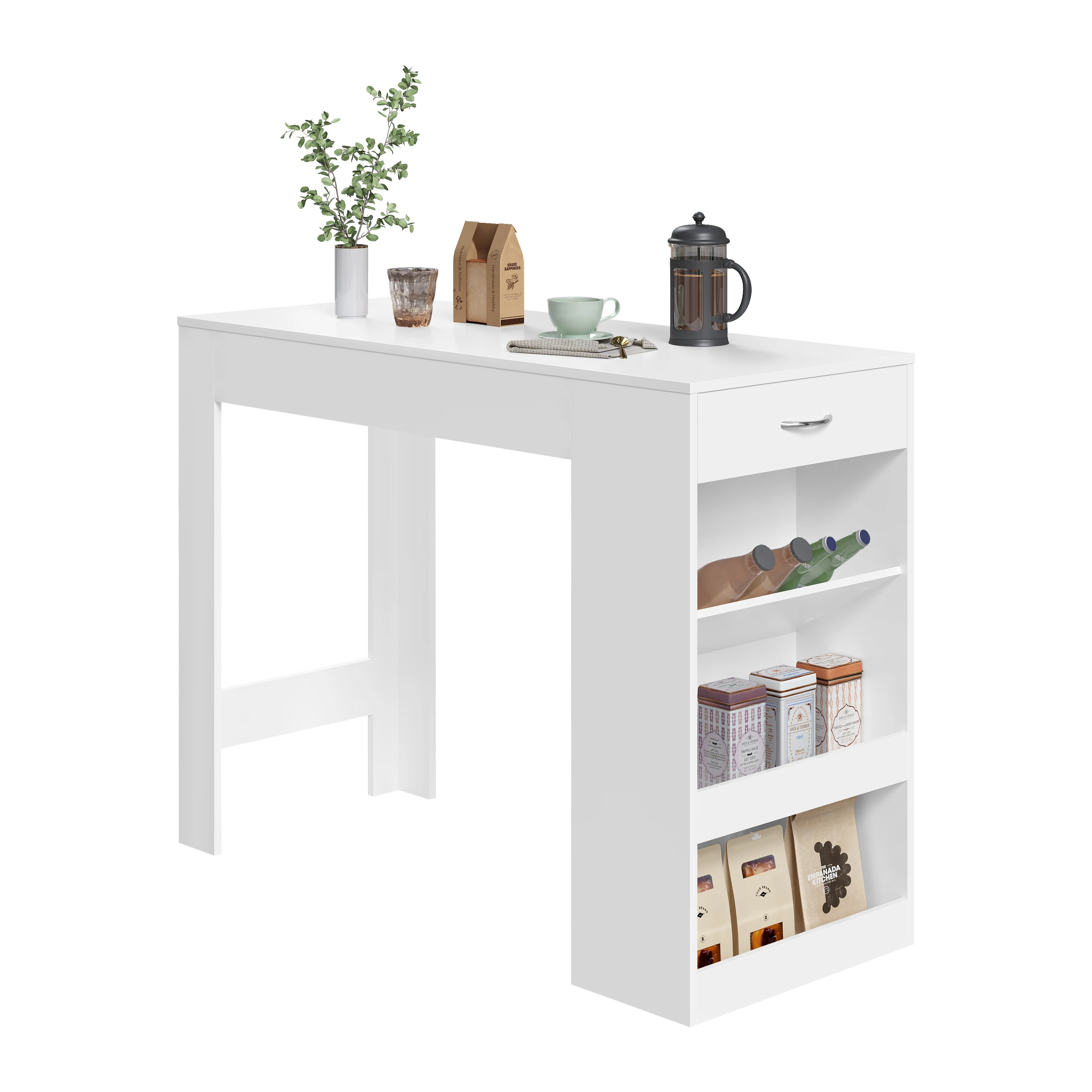 WOLTU Table de Bar avec casier à vin Table à manger avec 1 tiroir 3 étagères pour comptoir de cuisine salle à manger Table haute 120x50x90cm