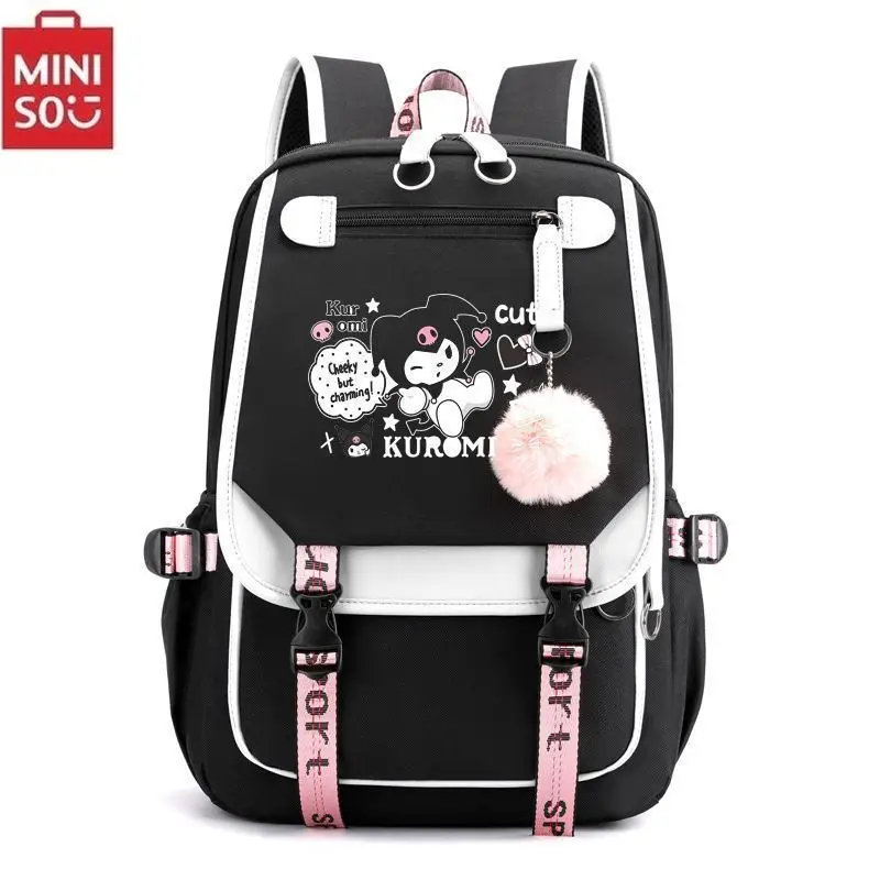 Pencil bag MINISO Kuromi Schoolbag Students Kawaii Double-layer Pencil Bag Large-capacity Casual Backpack Cartoon Printing Pen Bag