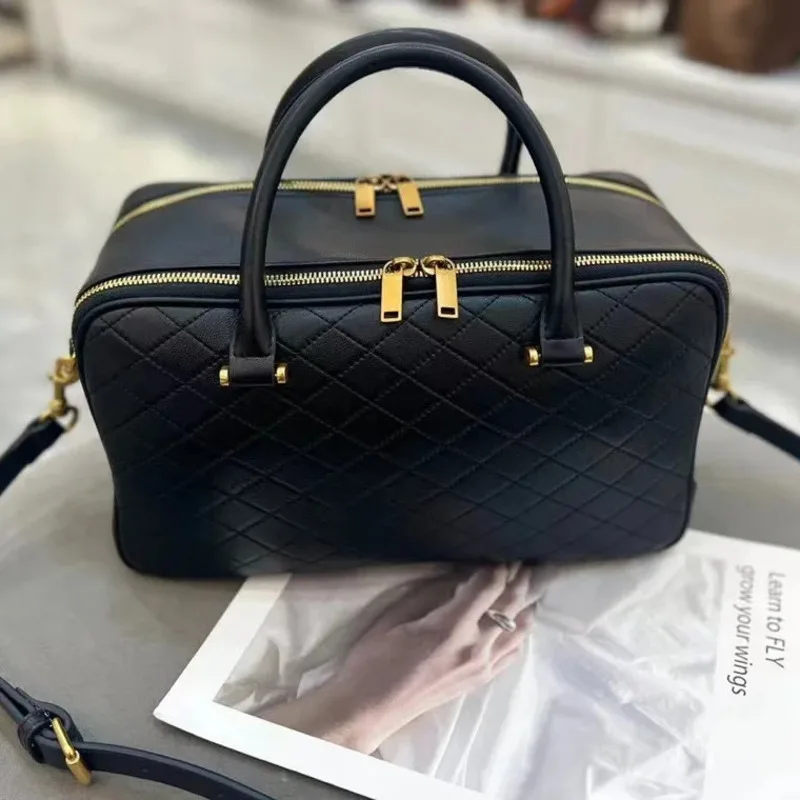 YS High-Capacity Boston Bowling Diamond Grid Women's Deluxe Sheepskin One Shoulder Carrying Crossbody Bag