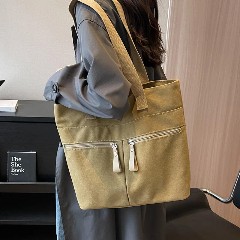 Canvas Bag Large Capacity Shoulder Bag 2023 New Trend Women's Bag All-match Fashion Student Bookbag Tote Bag Zipper Preppy style
