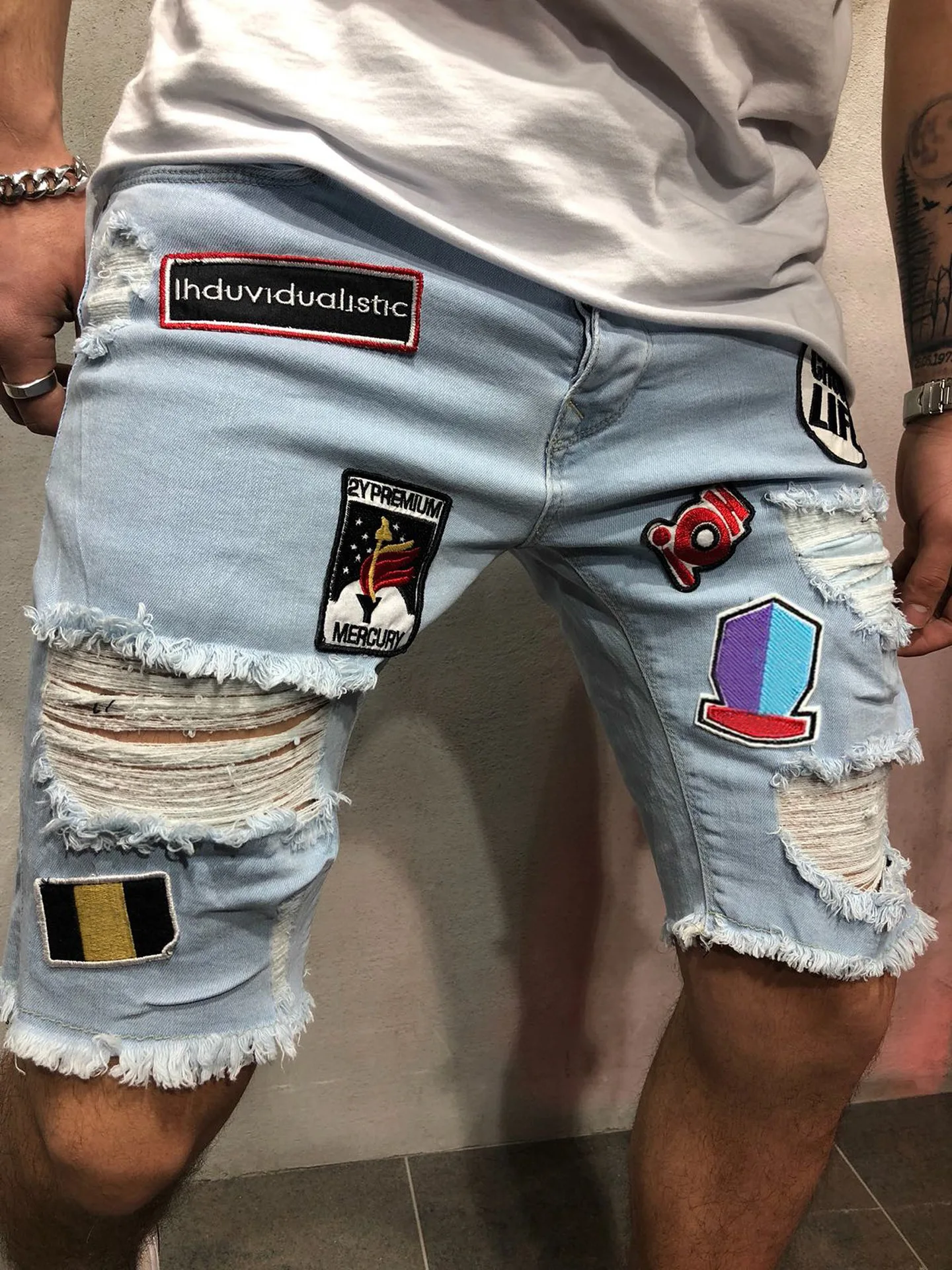 relaxed fit jeans Summer Blue 2022 Men's Fashion Popular Casual High Street Ripped Patch Beggar Hip Hop Ripped Cowboy Pants Stretch Denim Shorts light blue jeans men