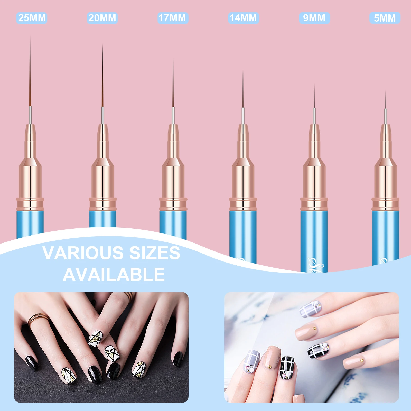 6Pcs Transparent French Stripe Liner Kolinsky Brush 3D Tips Manicure Ultra-thin Line Drawing Pen Brushes Painting Nail Art Tools 5