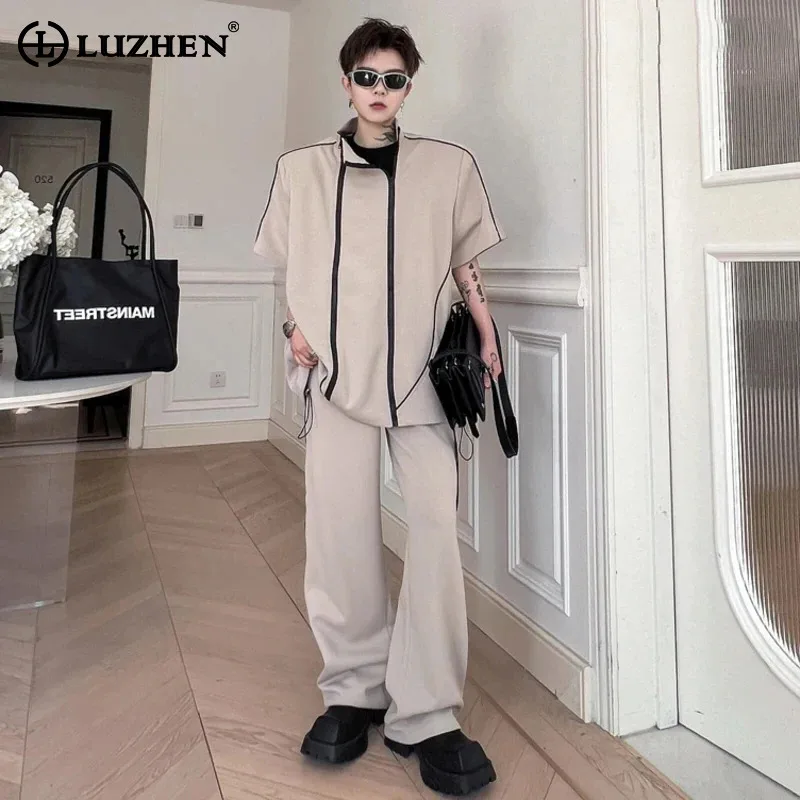 

LUZHEN 2024 Fashion Two-piece Sets High Street Asymmetric Zipper Design Men's Short Sleeve Tops Straight Pants Trendy New 42c01d